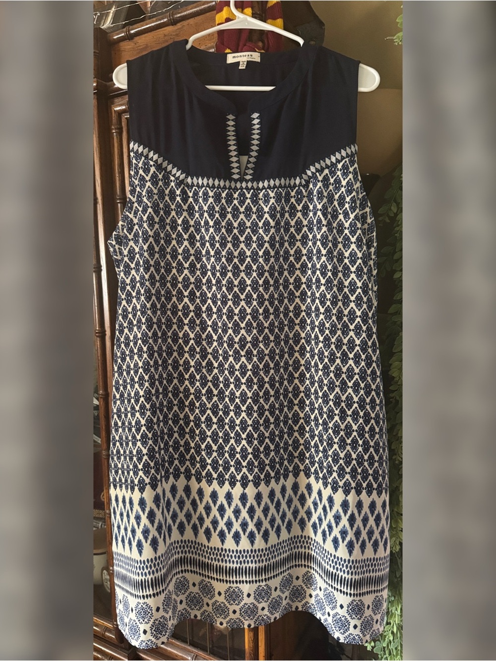 Monteau Navy and White Printed Sleeveless Shift Dress